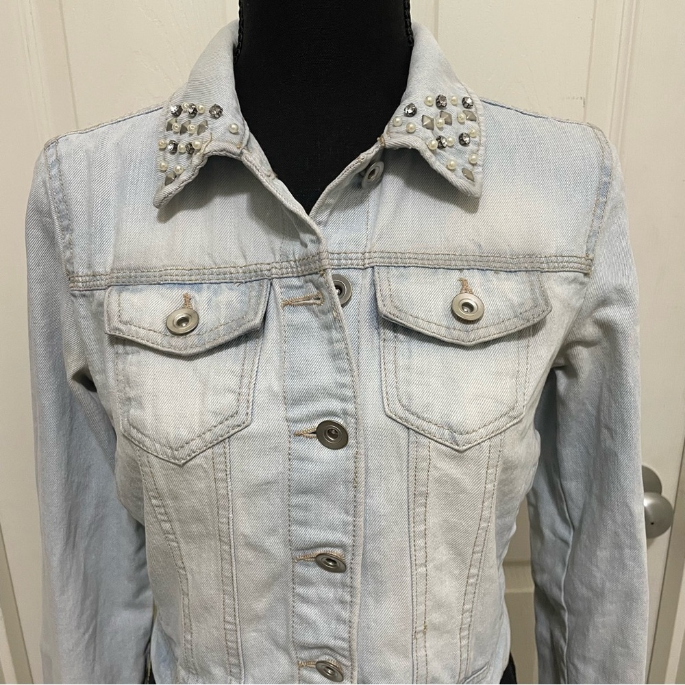 Bongo Cropped Denim Jean Jacket Light Wash Y2K Rhinestones Pearls Women's Small